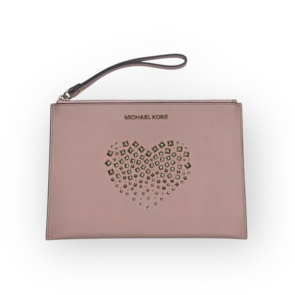 Michael Kors ❤︎︎ Adele Jet Set XL Zip Clutch ❤︎︎ Ballet Pink ❤︎︎ Gold Heart Stud - Picture 2 of 16